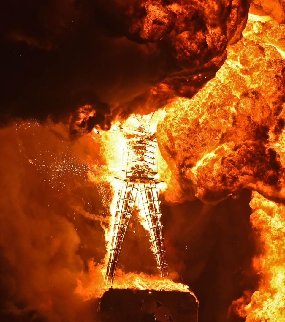The man burns at Burning Man on Nevada's Back Rock Desert on Sept. 3, 2022.