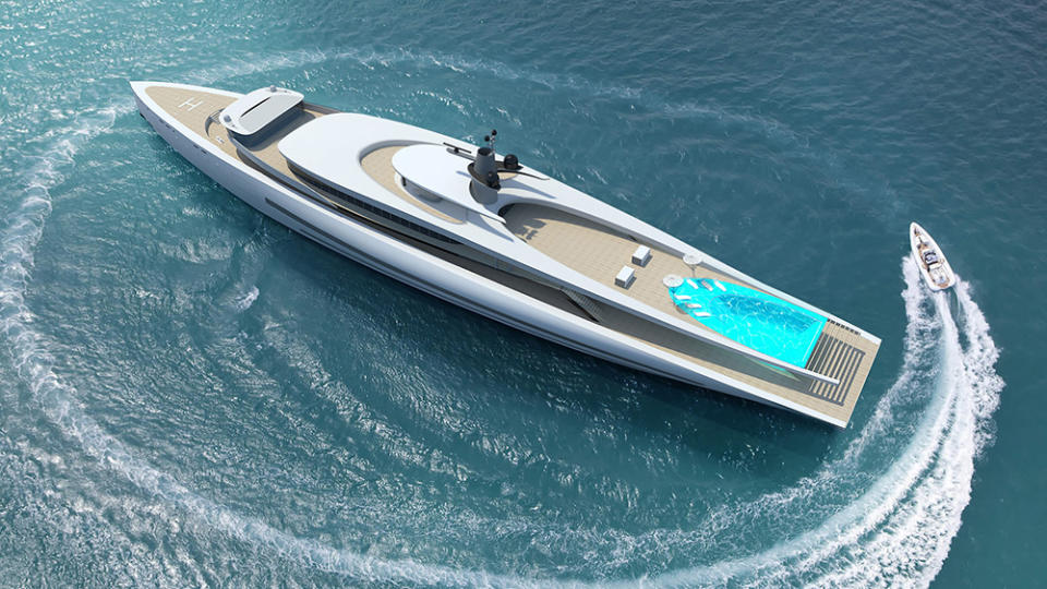 Fluyt features a giant infinity pool aft. - Credit: Asquared Naval Design