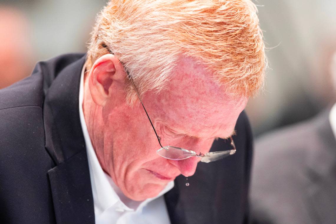 Alex Murdaugh cries as the murder of his wife and son is described by Colleton County Sheriff’s Department Sgt. Daniel Greene during Murdaugh’s trial for murder at the Colleton County Courthouse on Thursday, Jan. 26, 2023. Joshua Boucher/The State/Pool