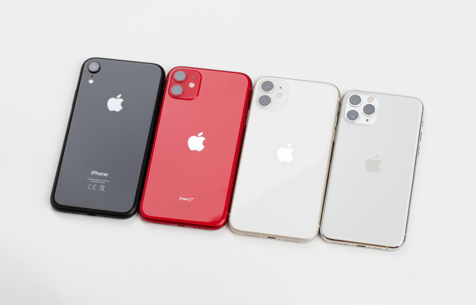 Rostov-on-Don, Russia - November 2019. Apple iPhone 11 Red, iPhone 11 Pro silver, iPhone 11 Silver and Apple iPhone XR black on a white background. Smartphones from the company Apple close-up.