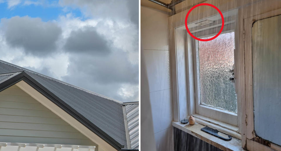 A photo of the roof of a house. Another photo of a shower in a rental, where there are many hazards including an electrical circuit on the window.