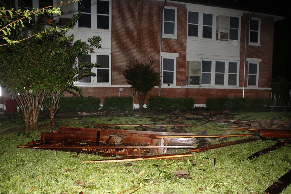 Major damage to the roof of Kathleen Middle School as a tornado ripped across Polk county due to a squall line from Tropical Storm Nestor on Saturday, Oct. 19, 2019 in Kathleen, Fla. Nestor was downgraded Saturday after it spawned a tornado that damaged several homes. (Luis Santana/Tampa Bay Times via AP)
