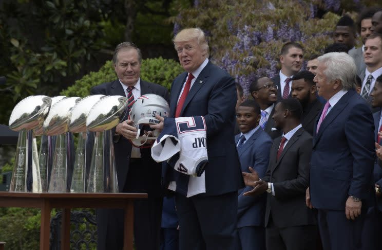 Bill Belichick and the Patriots showed off the spoils of victory to President Donald Trump on Wednesday at the White House. (AP) 