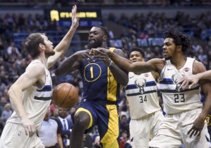 Mar 2, 2018; Milwaukee, WI, USA;  Milwaukee Bucks center Tyler Zeller (44) and guard Sterling Brown (23) puts pressure on Indiana Pacers guard Lance Stephenson (1) in the second quarter at the BMO Harris Bradley Center. Mandatory Credit: Benny Sieu-USA TODAY Sports