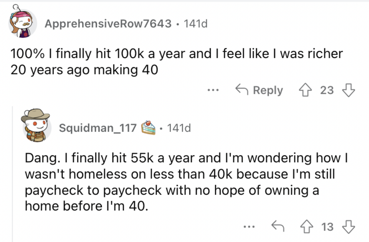 Reddit screenshot about someone finally hitting $100K and feeling like they're making less than half of that.