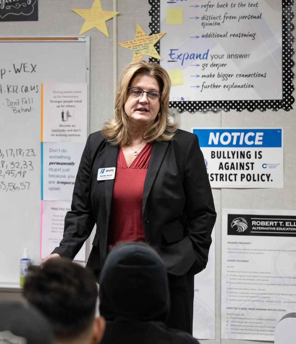 Behavioral Health and Recovery Services prevention specialist Jennifer Marsh lectures students on the fentanyl at Elliott Alternative Education Center in Modesto, Calif., Wednesday, Oct. 25, 2023.