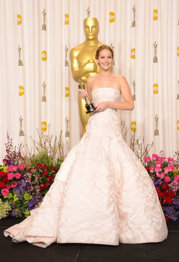 <p>Though she stumbled while trying to get on stage to accept her award for Best Actress for <em>Silver Linings Playbook</em>, people mostly remember how amazing Jennifer Lawrence looked in this strapless Dior gown.</p>