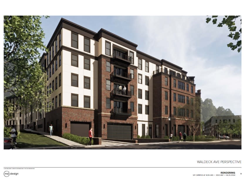 A digital rendering of the Waldeck Avenue façade of a proposed apartment complex for the site of Summit United Methodist Church. (Photo Courtesy/MA Design and UP Campus Properties via University Impact District Review Board)