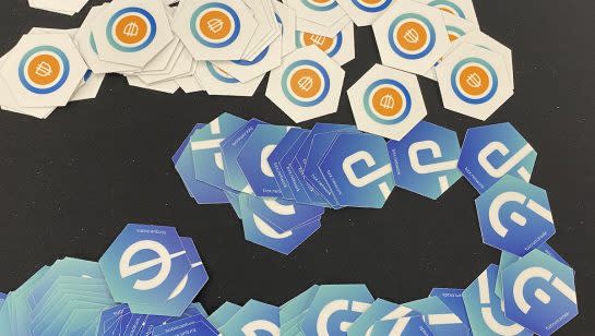 <small>bZx stickers at ETHDenver. (Photo by John Biggs for CoinDesk)</small>