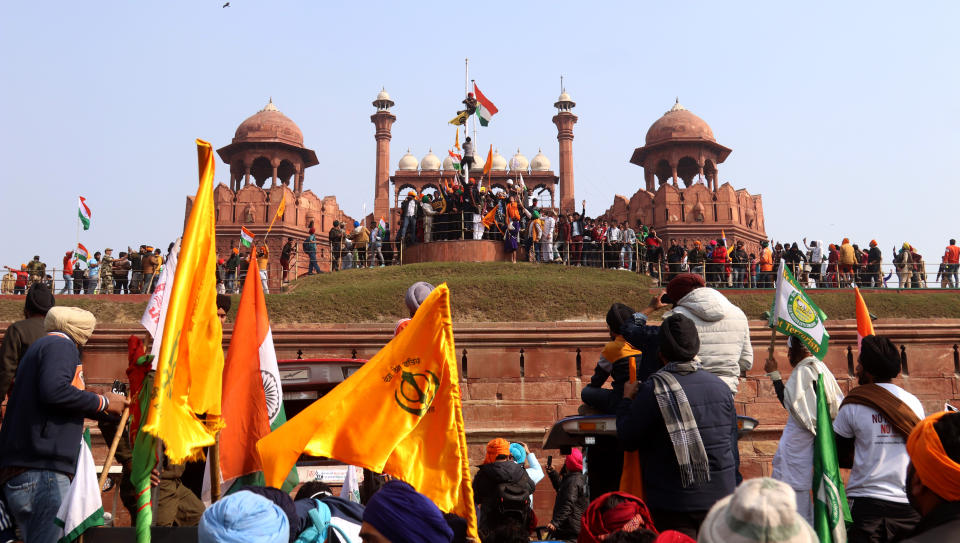 Protesters gathering at the Red Fort during the...