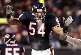 Chicago Bears linebacker Brian Urlacher defends during a game against the Atlanta Falcons.