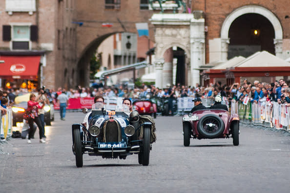 A Bugatti T 35 A passes through the city centre of Ferrara during the first day of the Mille Miglia on May 16, 2018 in Ferrara, Italy. The 2018 edition of Mille Miglia hosts 467 participants and will run from May 16-19. (Photo by Simone Padovani/Awakening/Getty Images