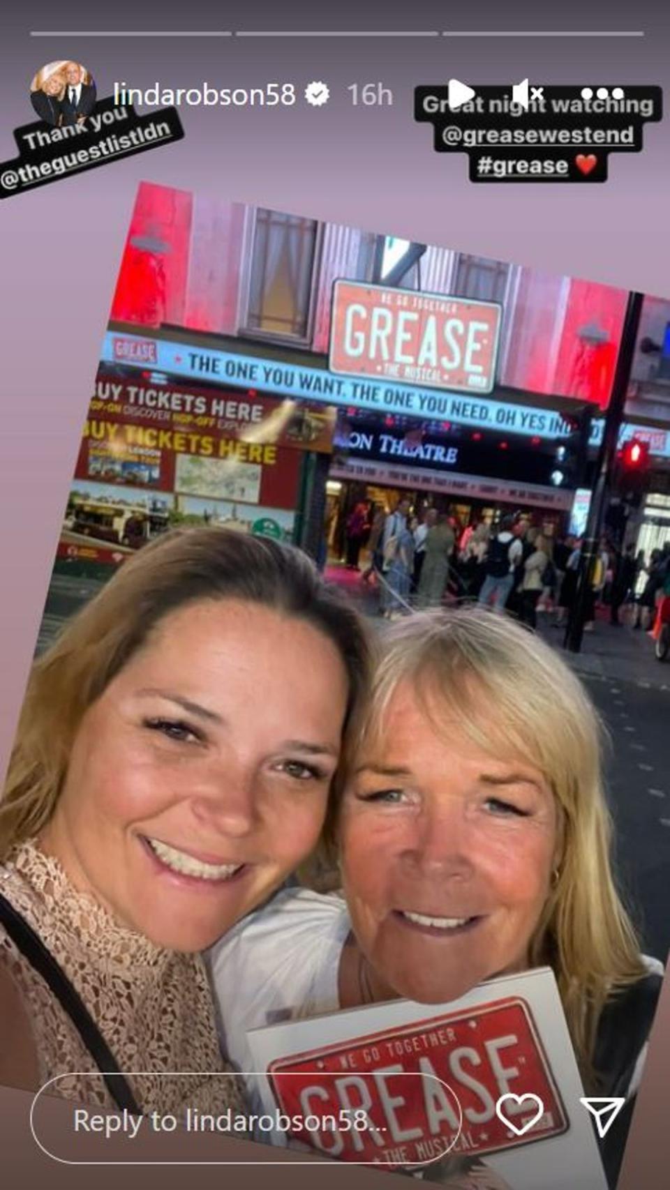 Linda Robson enjoyed a night out at West End musical Grease with daughter Lauren (Instagram Stories/Linda Robson)