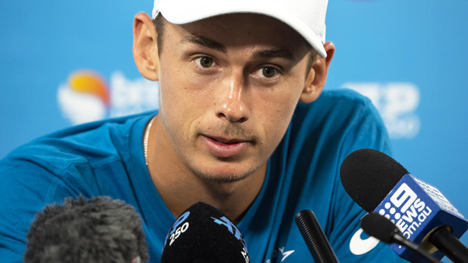 Alex De Minaur speaks to the press. (Photo by TPN/Getty Images)”n