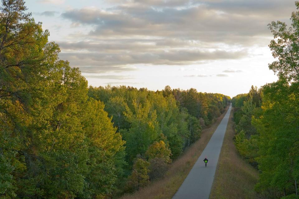 Aerial view of bikers on the Paul Bunyan and Blue Ox Bike trail in Bemidji