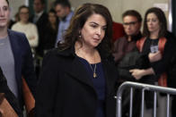 FILE - In this Thursday, Jan. 23, 2020 file photo, actress Annabella Sciorra returns after a lunch break in Harvey Weinstein's rape trial in New York. (AP Photo/Richard Drew)