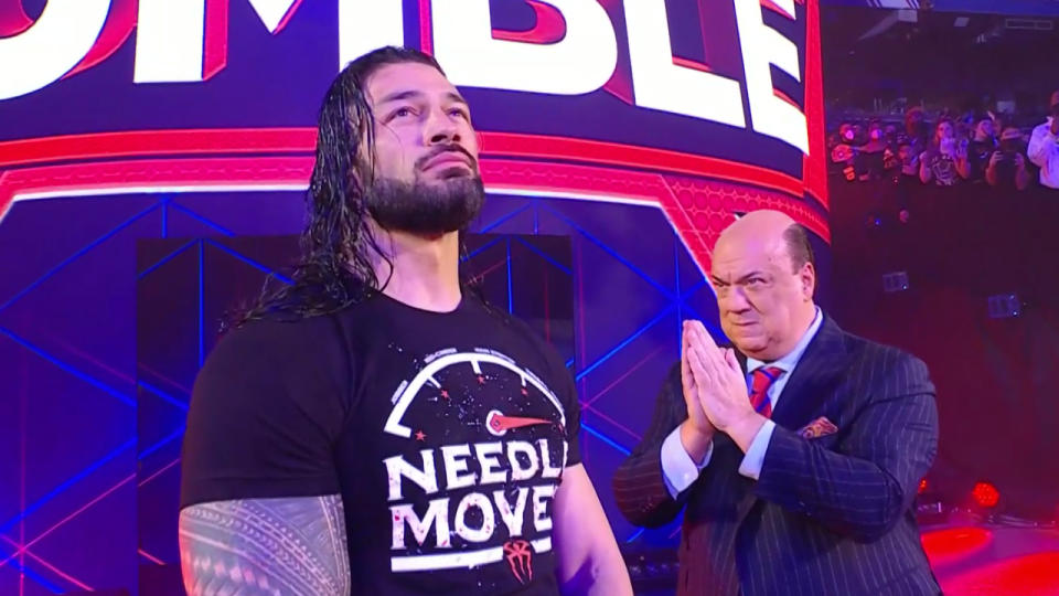 Roman Reigns and Paul Heyman at Royal Rumble 2022