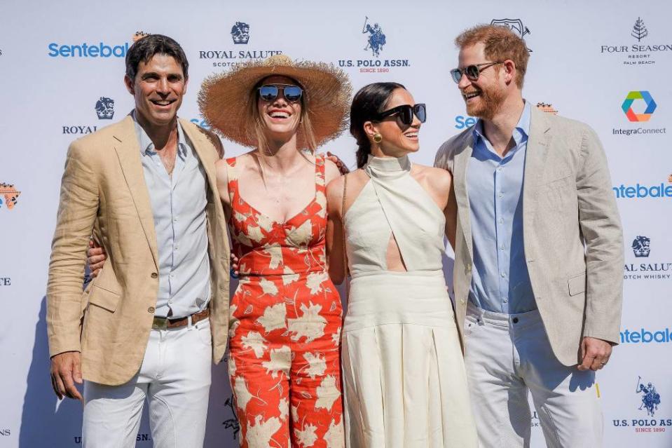 Left to right: Nacho Figueras and his wife Delfina, Meghan Markle and Prince Harry arrive at Grand Champions Polo in Wellington. Thomas Cordy / USA TODAY NETWORK