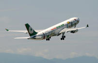 An Airbus A330-300 aircraft of Taiwan's Eva Airlines, decorated with Hello Kitty motifs, takes off from Taoyuan International Airport, northern Taiwan to Sapporo, Japan, April 30, 2012. Taiwan's second-largest carrier, Eva Airlines, and Japan's comic company, Sanrio, which owns the Hello Kitty brand, collaborated on the second generation Hello Kitty-themed aircraft which was launched on October 2011. There are currently three Hello Kitty-themed Airbus A330-300 aircrafts flying between cities such as Taipei, Fukuoka, Narita, Sapporo, Incheon, Hong Kong and Guam. REUTERS/Pichi Chuang