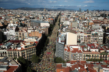 The Sagrada Familia cathedral is seen as thousands of people gather for a rally on Catalonia's national day 'La Diada' in Barcelona, Spain, September 11, 2017. REUTERS/Albert Gea