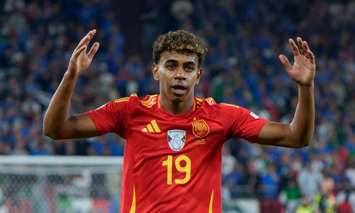 <span>Lamine Yamal, who will be 17 the day before the Euro 2024 final, has taken his schoolwork to Germany while impressing for Spain on the field.</span><span>Photograph: Emmanuele Mastrodonato/IPA Sport/Shutterstock</span>