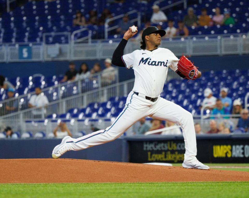 Miami Marlins pitcher Edward Cabrera (27) pitches during the first inning of a baseball game on Thursday, May 2, 2024, at loanDepot Park in Miami, Fla.