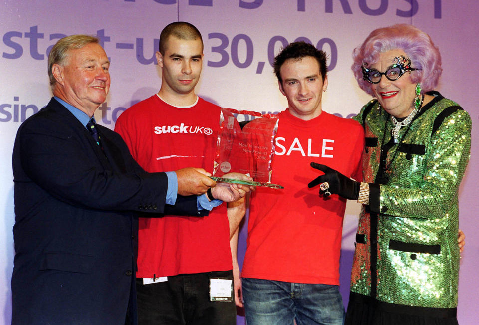 Prince's Trust Ambassador Dame Edna Everage and Sir Terence Conran (left) at the Prince's Trust Awards for Designers in London with Jude Bidulf (centre left) and Sam Hurt, whose furniture and lighting company Suck UK was supported by the trust. * The Prince's Trust has helped start more than 43,000 people start their own businesses and in total has helped more than 400,000 14-30 year olds to develop confidence, learn new skills and get into work. (Photo by Peter Jordan - PA Images/PA Images via Getty Images)