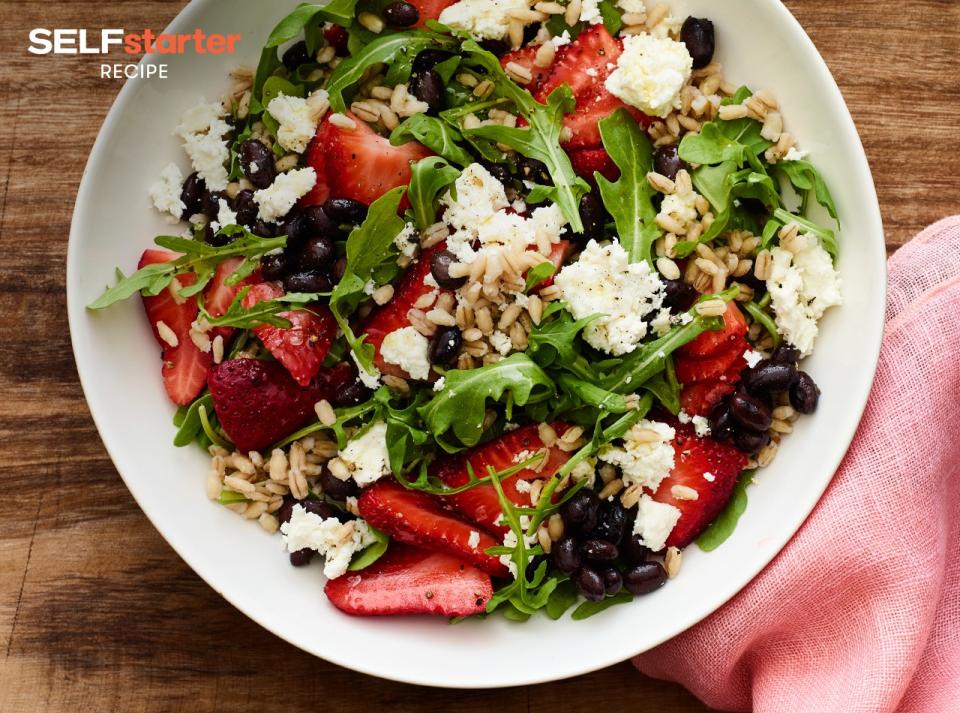 Arugula Salad With Black Beans, Barley, Strawberry, and Feta