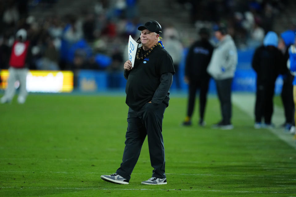 Nov. 25, 2023; Pasadena, California; UCLA Bruins head coach Chip Kelly watches from the sidelines in the fourth quarter against the California Golden Bears at Rose Bowl. Kirby Lee-USA TODAY Sports