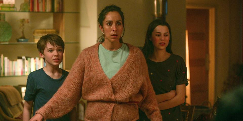 (Left to right) Samuel Leakey as Callum, Oona Chaplin as Maddy De Costa, Beau Gadsdon as Ella in ‘Treason’ (Netflix)