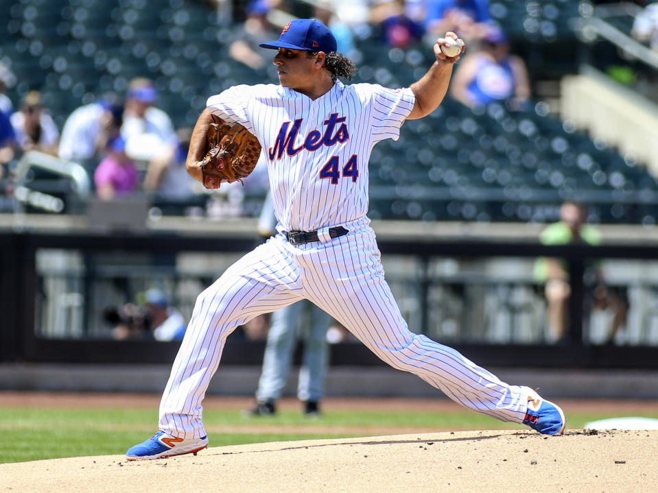 Jul 24, 2019; New York City, NY, USA; New York Mets pitcher Jason Vargas (44) pitches in the first inning against the Pittsburgh Pirates at Citi Field. Mandatory Credit: Wendell Cruz-USA TODAY Sports