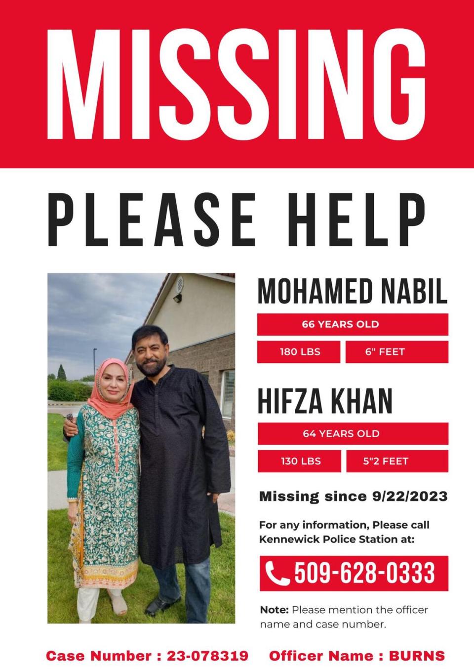 A missing poster was shared online for Nabil Mohamed and Hifza Khan last week after they were last seen on Sept. 22.