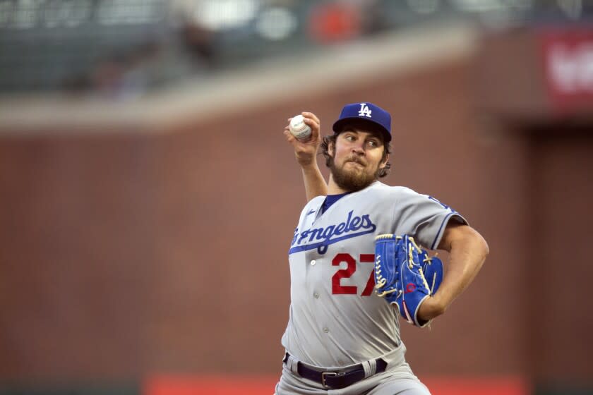 Los Angeles Dodgers starting pitcher Trevor Bauer works against the San Francisco Giants.