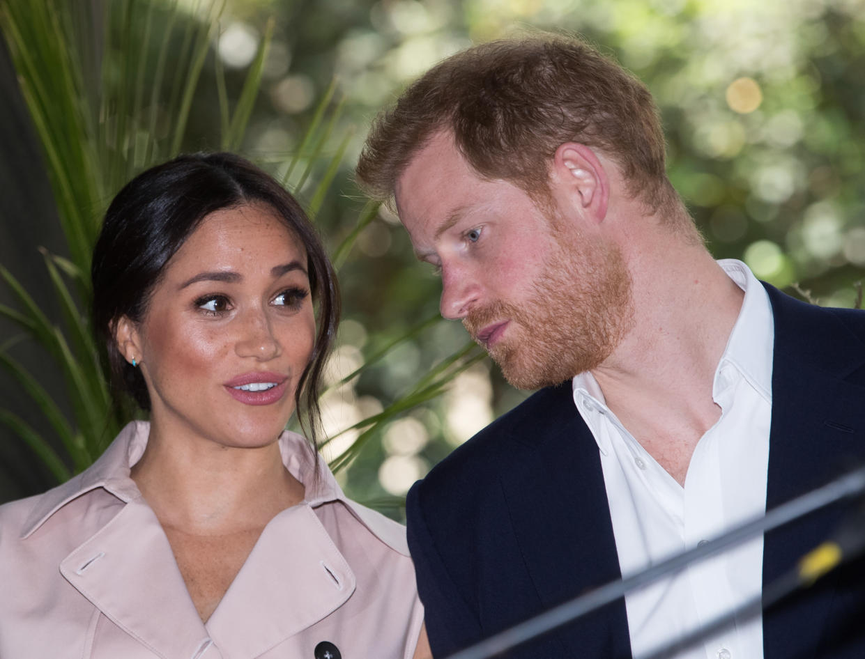 A photo of Prince Harry, Duke of Sussex and Meghan, Duchess of Sussex at the British High Commissioner's residence to attend an afternoon reception to celebrate the UK and South Africa’s important business and investment relationship, looking ahead to the Africa Investment Summit the UK will host in 2020. This is part of the Duke and Duchess of Sussex's royal tour to South Africa. on October 02, 2019 in Johannesburg, South Africa.