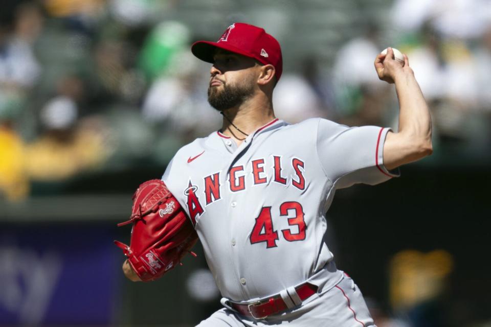Angels starter Patrick Sandoval delivers against the Oakland Athletics during the second inning on April 1, 2023.