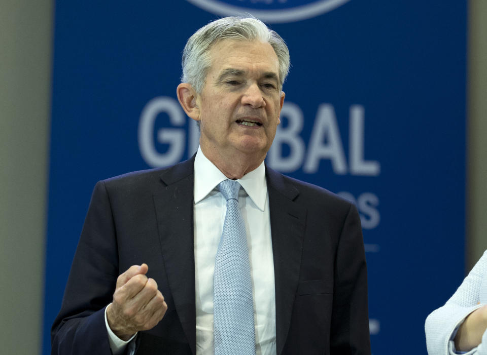 Federal Reserve Board Chair Jerome Powell, during the plenary of the International Monetary and Financial Committee (IMFC) meeting, at the World Bank/IMF Annual Meetings in Washington, Saturday, Oct. 19, 2019. (AP Photo/Jose Luis Magana)