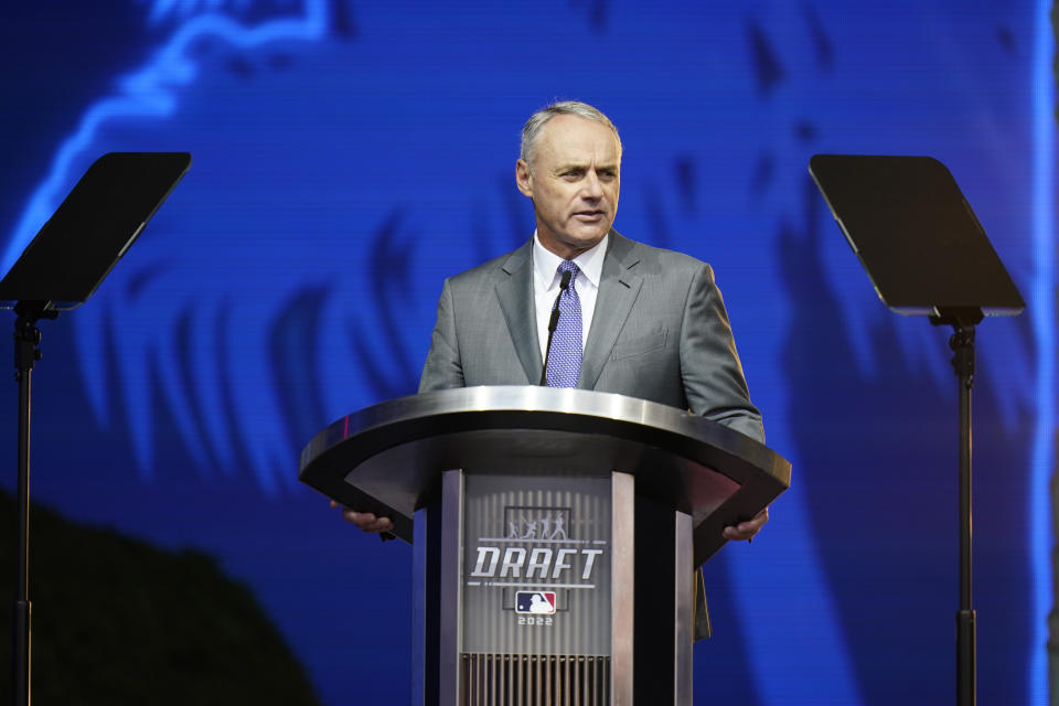 MLB commissioner Rob Manfred speaks during the 2022 MLB baseball draft, Sunday, July 17, 2022, in Los Angeles. (AP Photo/Jae C. Hong)