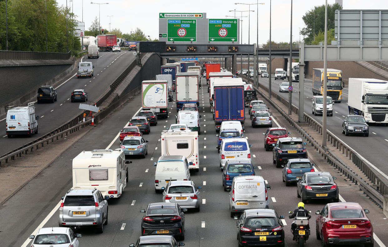 Traffic queues on the M25 near Dartford in Kent as the bank holiday getaway begins.