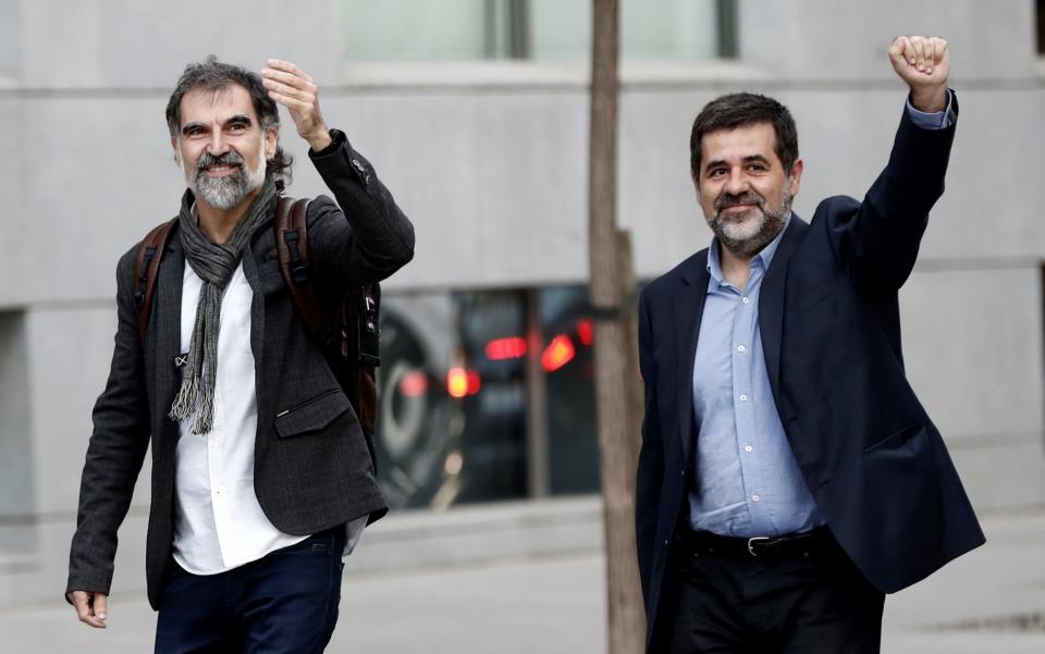 President of the Omnium Cultural Jordi Cuixart (L) and president of the Catalan Natioanl Assembly Jordi Sanchez (R) arrive to the Audiencia Nacional Court to testify within investigation after Catalonia's illegitimate Independence referendum in Madrid, Spain on October 16, 2017 - Anadolu