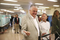 Nevada Democratic gubernatorial candidate Steve Sisolak waits to cast his vote at a polling station at Kenny Guinn Middle School in Las Vegas, Tuesday, Nov. 6, 2018. (Erik Verduzco/Las Vegas Review-Journal via AP)