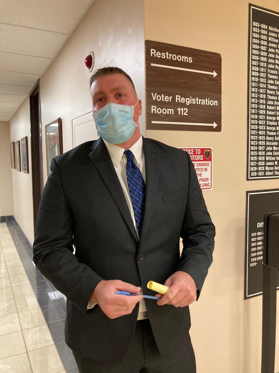 Justin Griffith, an Erie police corporal, was convicted on Nov. 12 of a misdemeanor charge of domestic violence for striking his wife in the face at their Millcreek Township residence in Feb. 13. Griffith is seen here leaving his preliminary hearing on at the Erie County Courthouse on March 16.