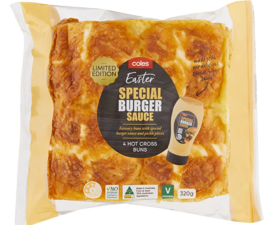 Coles Special Burger Sauce hot cross buns.