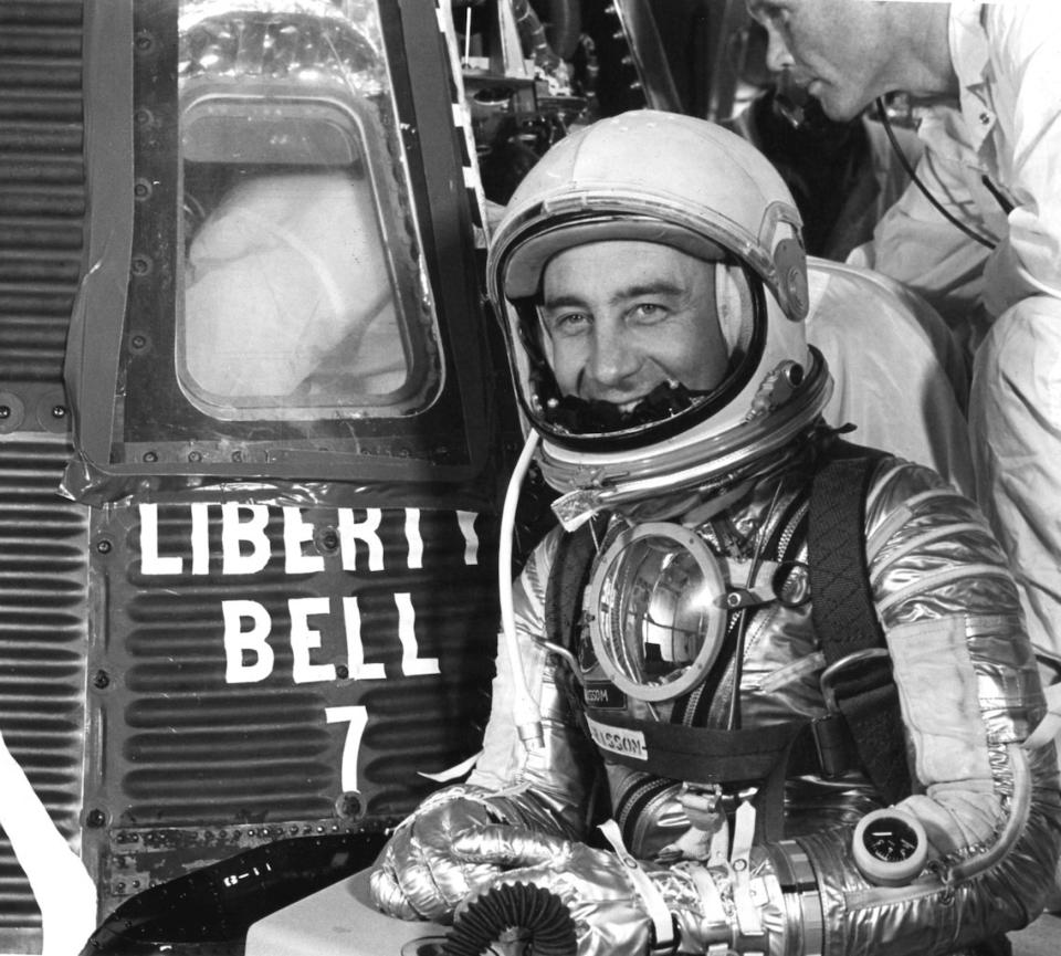 Virgil "Gus" Grissom and his Liberty Bell 7 suborbital spacecraft, which launched in July 1961, sported a new window design. <cite>NASA</cite>