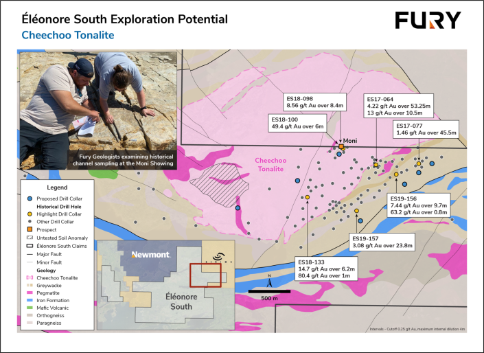 <i>Figure 1: Drilling around the Cheechoo Tonalite showing previous drill intercept highlights (2017-2019).</i>