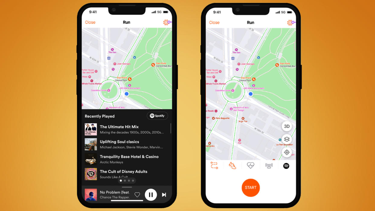  Two phones showing Strava's new Spotify integration. 