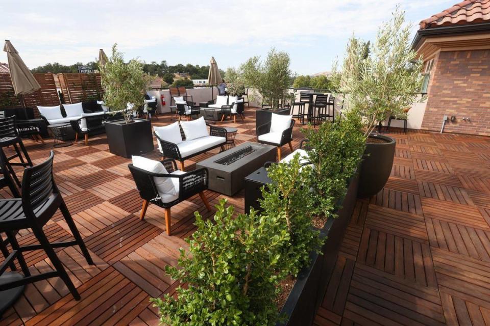 The rooftop bar at Cielo Ristorante in Atascadero offers comfortable seating with views Sunken Gardens and downtown.
