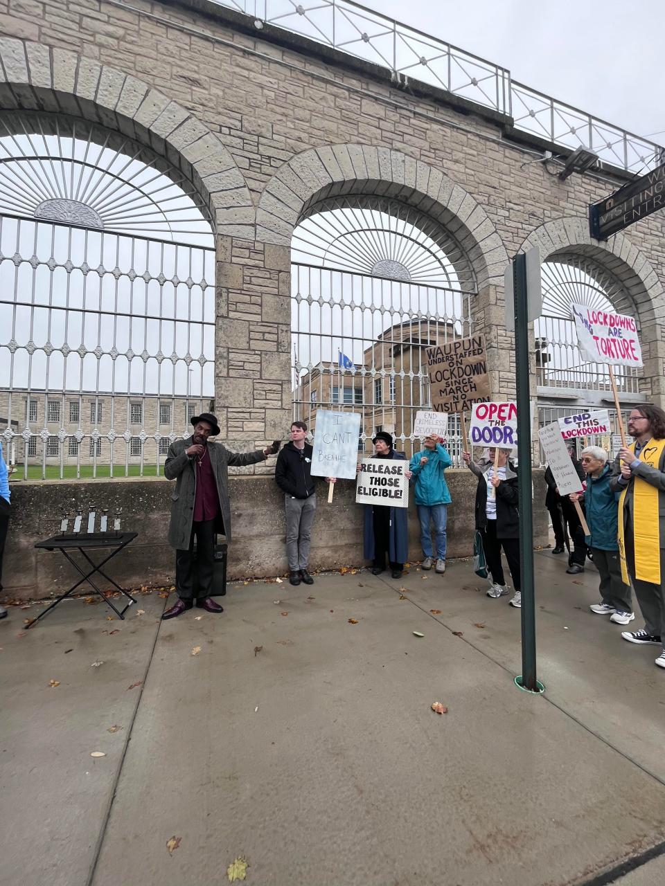 James Morgan of MOSES, speaks outside of Waupun Correctional Institution on Wednesday during a protest against conditions at the facility. Waupun has been locked down since March.