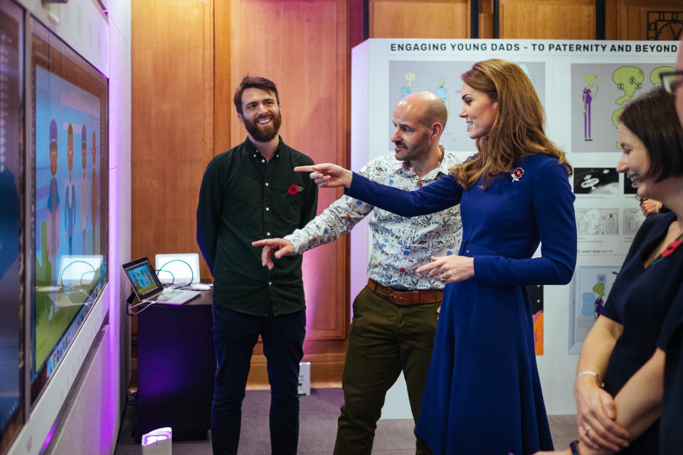 EMBARGOED TO 2230 MONDAY JULY 13 Undated handout photo issued by Kensington Palace of the Duchess of Cambridge reviewing a new BBC education resource called Tiny Happy People.