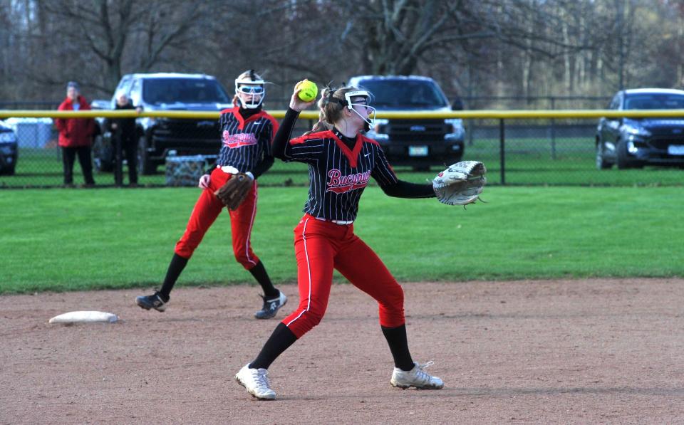 Bucyrus' Marissa Middleton throws a ball to first.