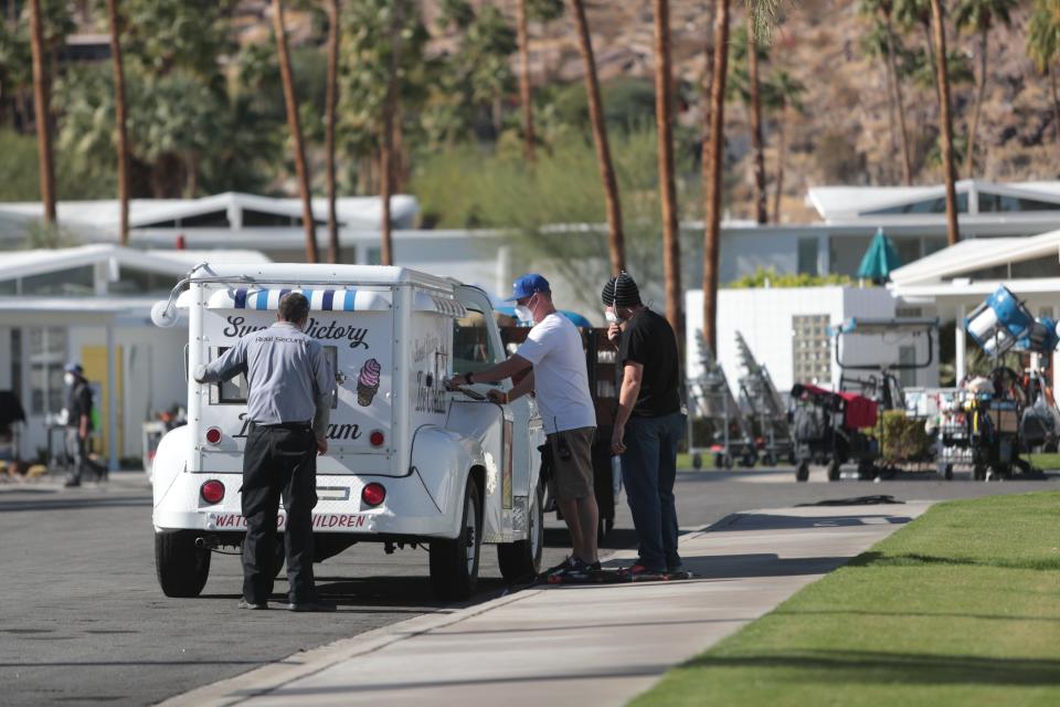 Production for the film "Don't Worry Darling" starring Harry Styles, Chris Pine and Florence Pugh takes place in South Palm Springs, Calif. on Wednesday, December 2, 2020.